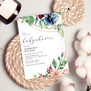 Aquarellblüten, Grünpflanzen und Gold Baby Dusche Einladung