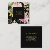 Aquarellblüten| Rosa und goldene Flora in Schwarz Quadratische Visitenkarte (Vorne/Hinten)