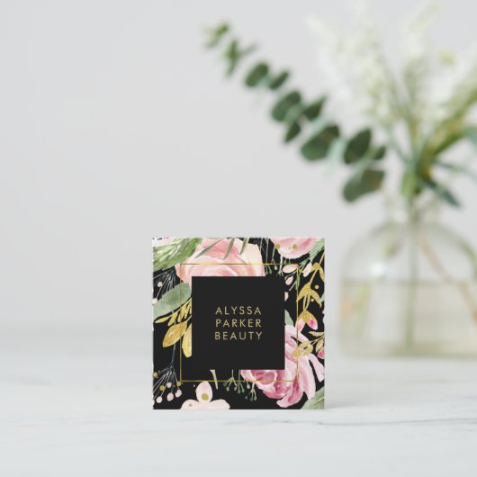 Aquarellblüten| Rosa und goldene Flora in Schwarz Quadratische Visitenkarte (Stehend Vorderseite)