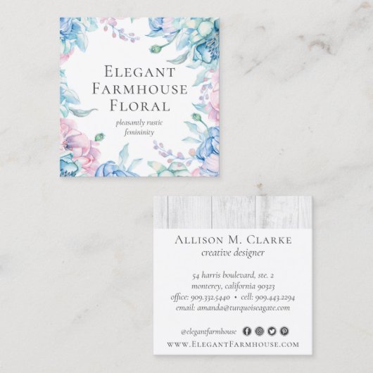 Aquarellblüten und rustikale Holzpeere Social Medi Quadratische Visitenkarte (Vorne/Hinten)