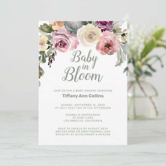 Aquarellblütenbaby in Bloom Baby Dusche Einladung (Stehend Vorderseite)