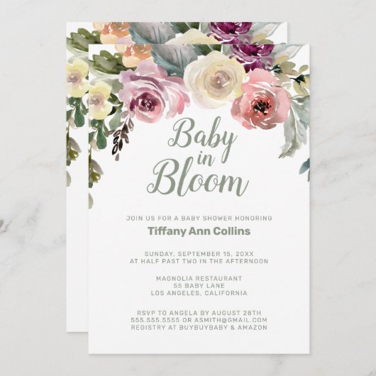 Aquarellblütenbaby in Bloom Baby Dusche Einladung (Vorne/Hinten)