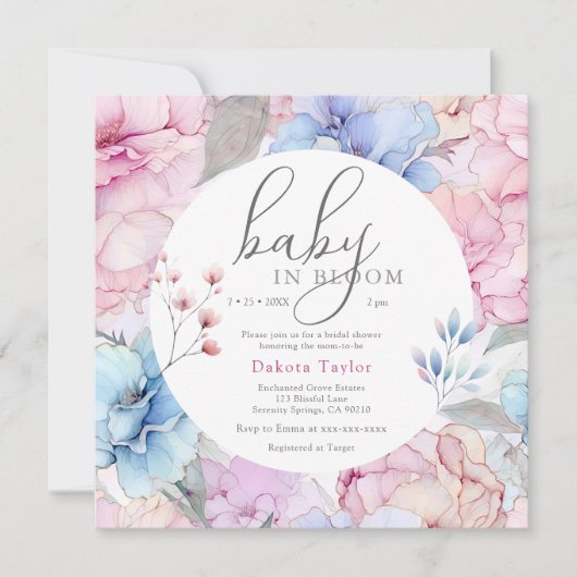 Aquarellblütenbaby in Bloom Baby Dusche Einladung (Vorderseite)