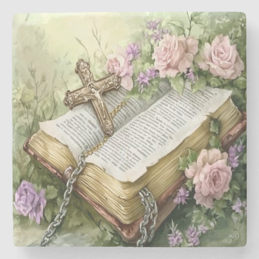Aquarellblütenbibel und Kreuz Steinuntersetzer (Vorderseite)