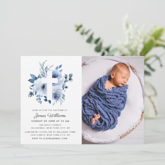 Aquarellblütenblüten Taufe Foto Einladung (Stehend Vorderseite)