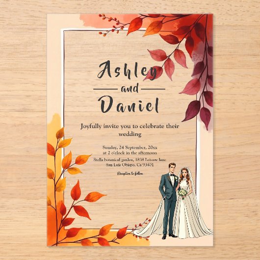 Aquarellblütenbräune und Groom-Hochzeit im Herbst Acryleinladungen (Vorderseite)