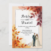 Aquarellblütenbräune und Groom-Hochzeit im Herbst Einladung (Vorderseite)
