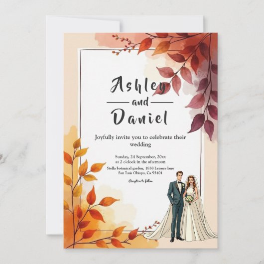 Aquarellblütenbräune und Groom-Hochzeit im Herbst Einladung (Vorderseite)