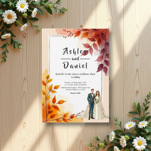 Aquarellblütenbräune und Groom-Hochzeit im Herbst Einladung