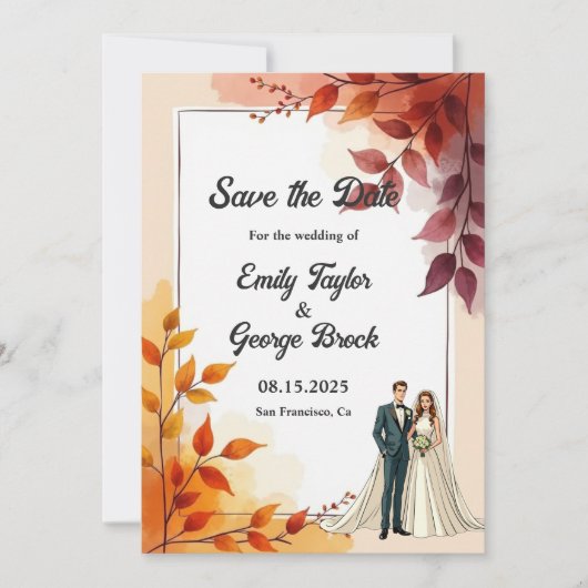 Aquarellblütenbräune und Groom-Hochzeit im Herbst Save The Date (Vorderseite)