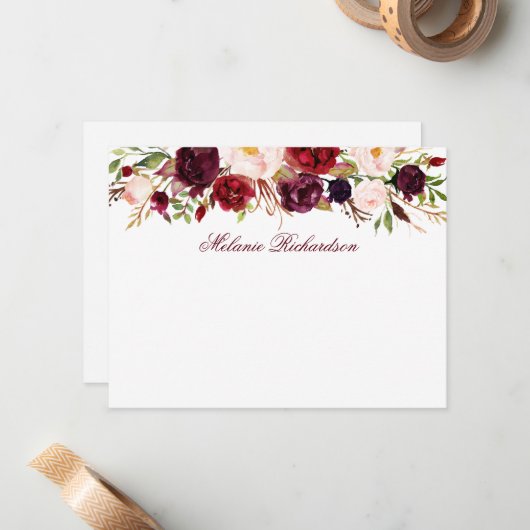 Aquarellblütenburgund Personalisiert Mitteilungskarte (Vorderseite/Rückseite Beispiel)