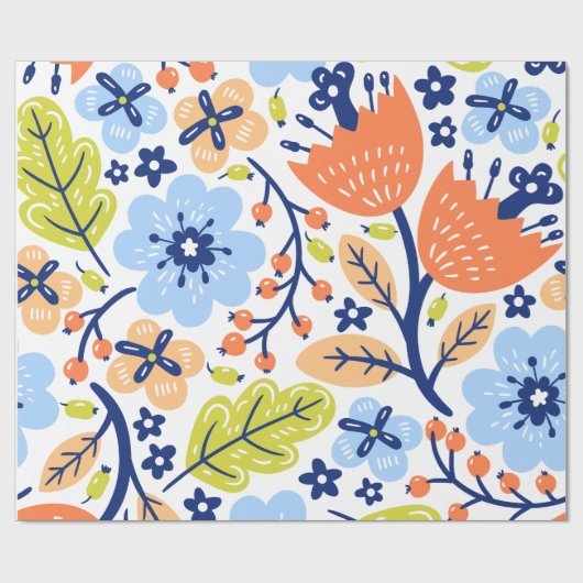 Aquarellblütendrucke in orangefarbenen grünen Foli Geschenkpapier (Flach)