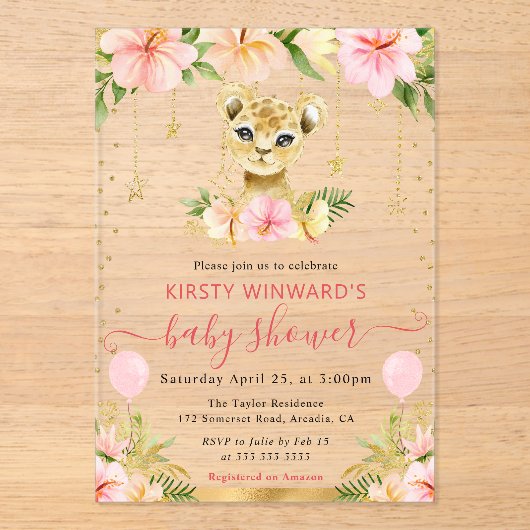 Aquarellblütendusche Lion Cub Babydusche Acryleinladungen (Vorderseite)