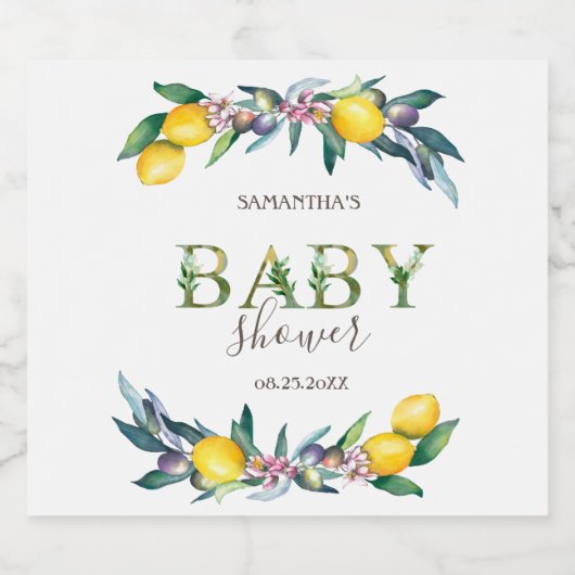 Aquarellblütendusche Olive Baby Schaumweinetikett (Einzelnes Label)