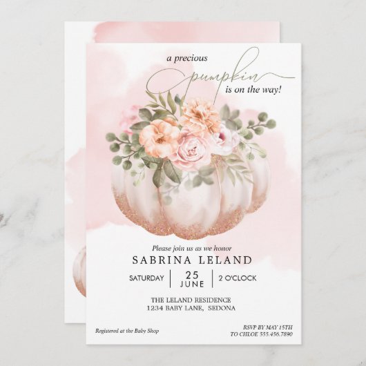 Aquarellblütendusche Peach Pumpkin Baby Dusche Einladung (Vorne/Hinten)