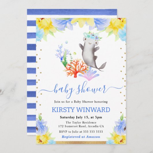 Aquarellblütendusche Unterwasserhaie Einladung (Vorne/Hinten)