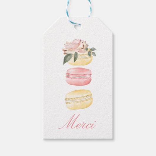 Aquarellblütengelber Macaron Merci/Vielen Dank Geschenkanhänger (Vorderseite)