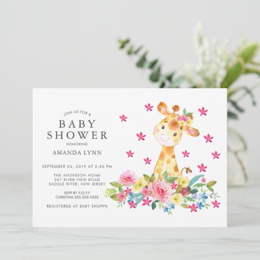 Aquarellblütengiraffe Kindermädchendusche Einladung (Stehend Vorderseite)