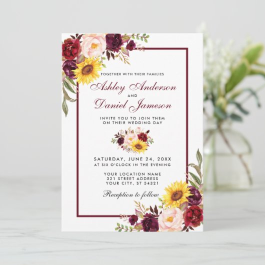 Aquarellblütenhochzeit Burgund Einladung (Stehend Vorderseite)