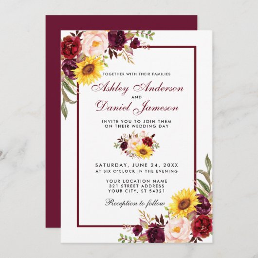 Aquarellblütenhochzeit Burgund Einladung (Vorne/Hinten)