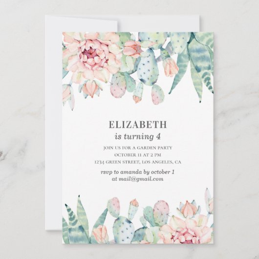 Aquarellblütenkaktus. Baby Mädchen. Kindergeburtst Einladung (Vorderseite)