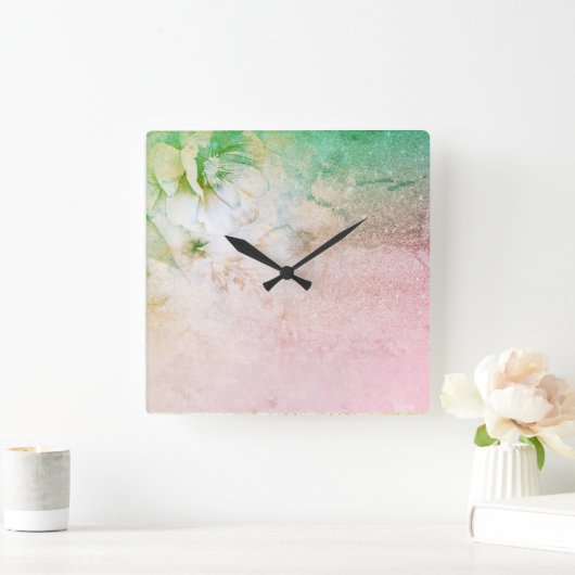 *~* Aquarellblütenpfirsich Rosa Glitzer Celestie Quadratische Wanduhr (Zuhause)
