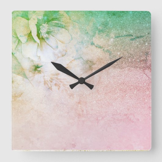 *~* Aquarellblütenpfirsich Rosa Glitzer Celestie Quadratische Wanduhr (Vorderseite)