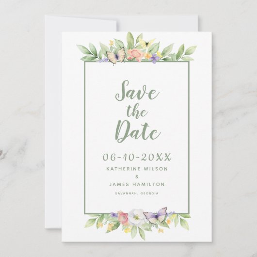 Aquarellblütenschmetterling Elegant Hochzeit Grün Save The Date (Vorderseite)