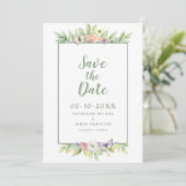 Aquarellblütenschmetterling Elegant Hochzeit Grün Save The Date (Stehend Vorderseite)