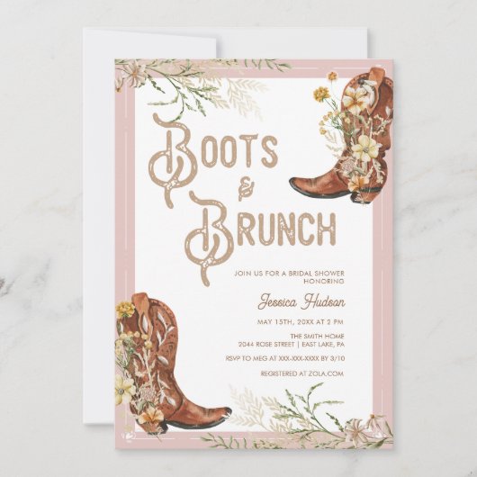 Aquarellblütenstiefel und Brunch-Brautparty Einladung (Vorderseite)