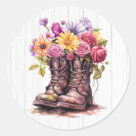 Aquarellblütenstiefel und rustikales Barnholz Runder Aufkleber
