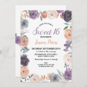 Aquarellblütensüß 16 Party Blume Lila Einladung (Vorne/Hinten)