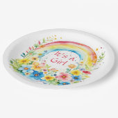 Aquarellbogen und Blume Es ist ein Mädchen Pappteller (Schrägansicht)