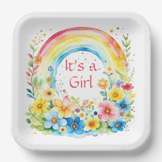 Aquarellbogen und Blume Es ist ein Mädchen Pappteller (Vorderseite)