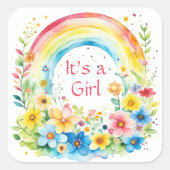 Aquarellbogen und Blume Es ist ein Mädchen Quadratischer Aufkleber (Vorderseite)