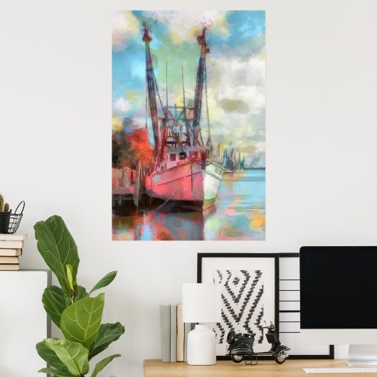 Aquarellboot bei Sonnenuntergang Poster (Heimbüro)