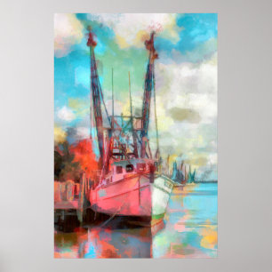Aquarellboot bei Sonnenuntergang Poster