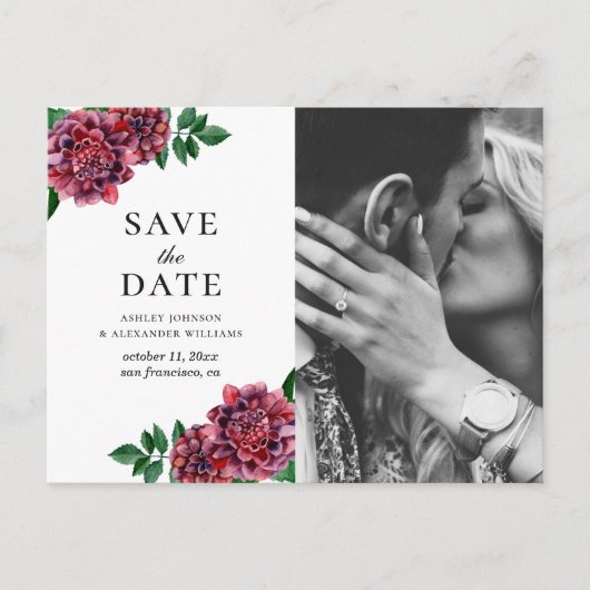 Aquarellbordeauxfarbene Blume. Maroon Save the Dat Postkarte (Vorderseite)