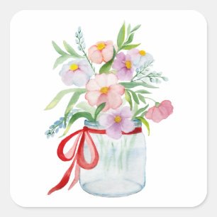 Aquarellbouquet aus Blume in einer Vase mit Rippe Quadratischer Aufkleber