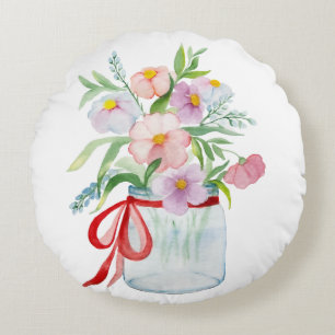 Aquarellbouquet aus Blume in einer Vase mit Rippe Rundes Kissen