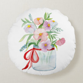 Aquarellbouquet aus Blume in einer Vase mit Rippe Rundes Kissen