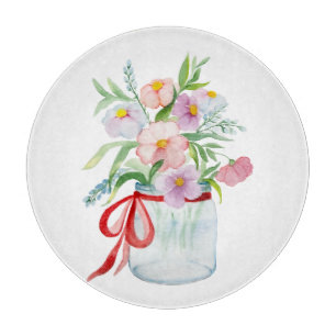 Aquarellbouquet aus Blume in einer Vase mit Rippe Schneidebrett