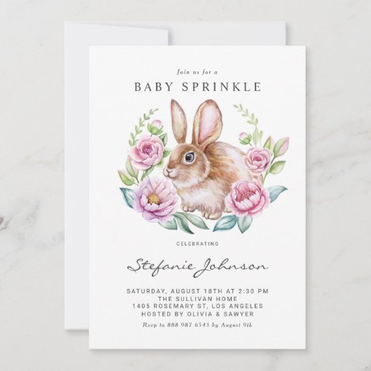 Aquarellbraun Bunny and Pink Blume Baby Sprinkle Einladung (Vorderseite)