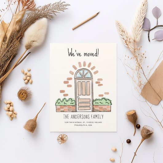 Aquarellbraun Tür spielend, wir haben uns bewegt Ankündigungspostkarte