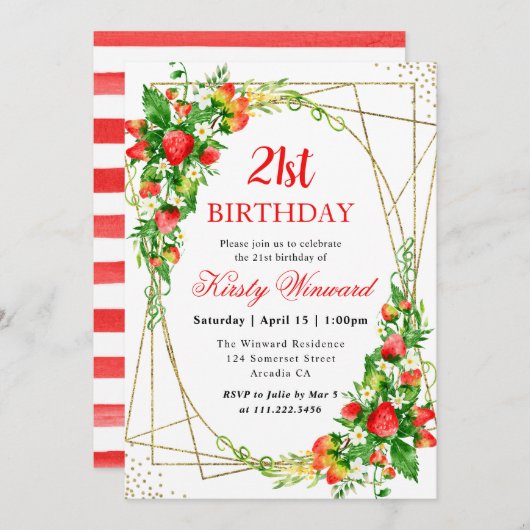 Aquarellbraune Erdbeeren Rahmen 21. Geburtstag Einladung (Vorne/Hinten)