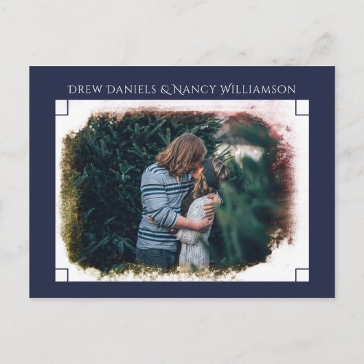 Aquarellbrunnen im nächtlichen Foto Save the Date Ankündigungspostkarte (Rückseite)