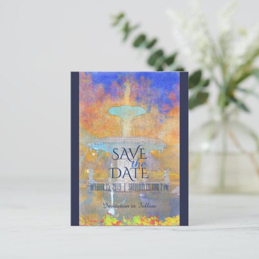 Aquarellbrunnen im nächtlichen Foto Save the Date Ankündigungspostkarte (Stehend Vorderseite)