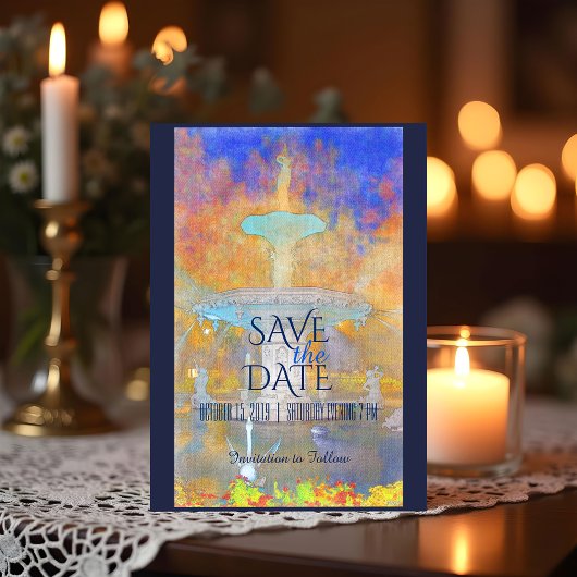 Aquarellbrunnen im nächtlichen Foto Save the Date Ankündigungspostkarte