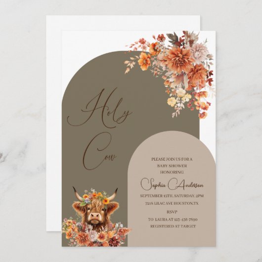 Aquarellbrust Hochland Kuh Babydusche Einladung (Vorne/Hinten)