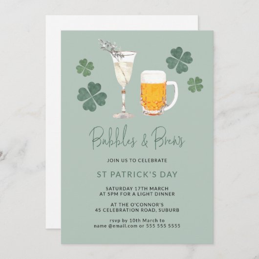 Aquarellbubbles & Brews St Patricks Day Party Einladung (Vorne/Hinten)